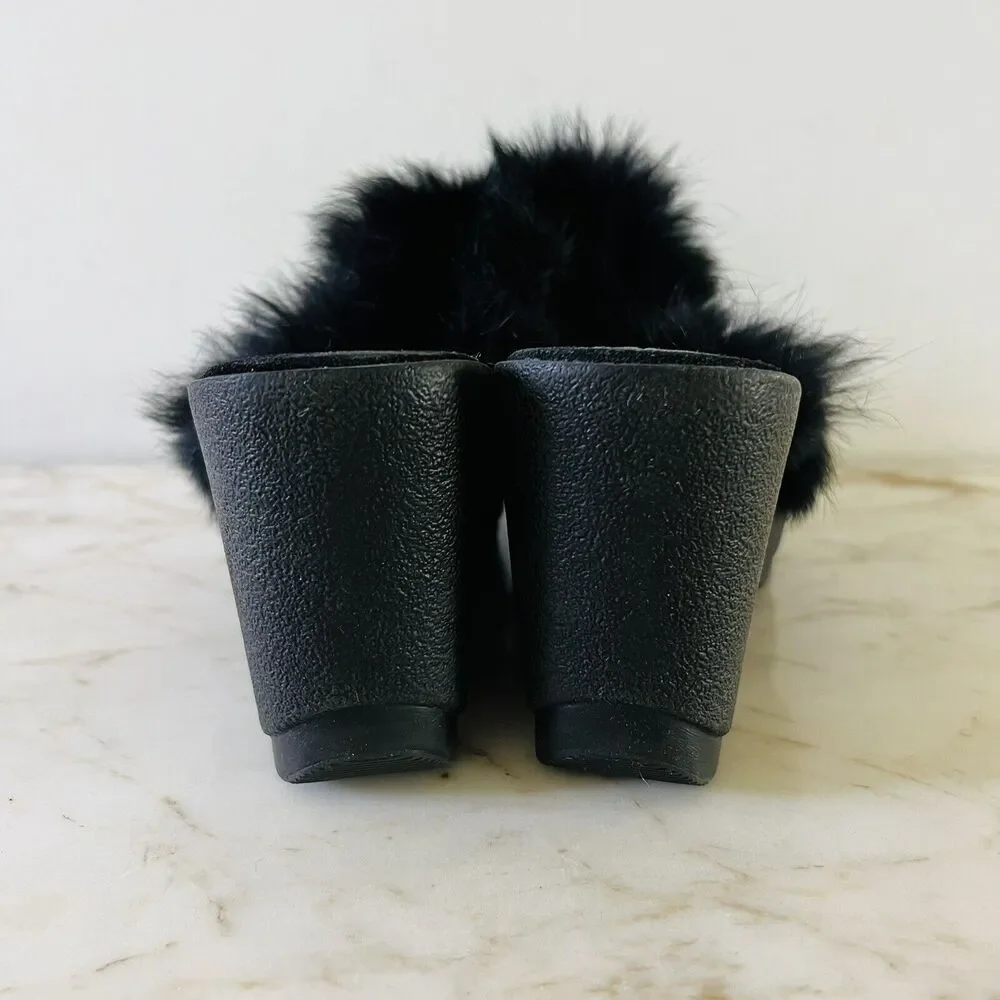 COACH Kaela Black Suede Rabbit Fur Slip On Clogs Mules With Wedge Heels - US 8